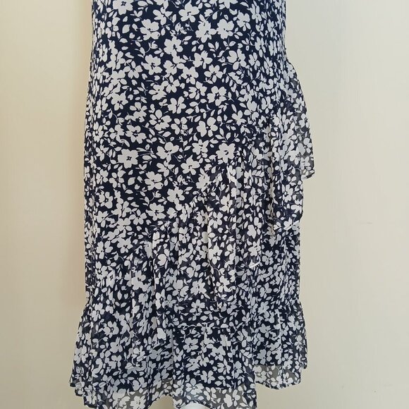 Lauren Ralph Lauren Ruffle Tiered Hem Blue & Light Gray Floral Midi Dress Sz 12 - Picture 4 of 9